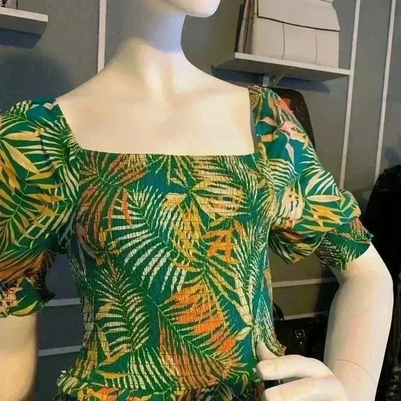 Betsey Johnson Palm Leaf Printed Maxi Dress Square Neck Puffed Sleeves Size S D8 - Picture 3 of 10